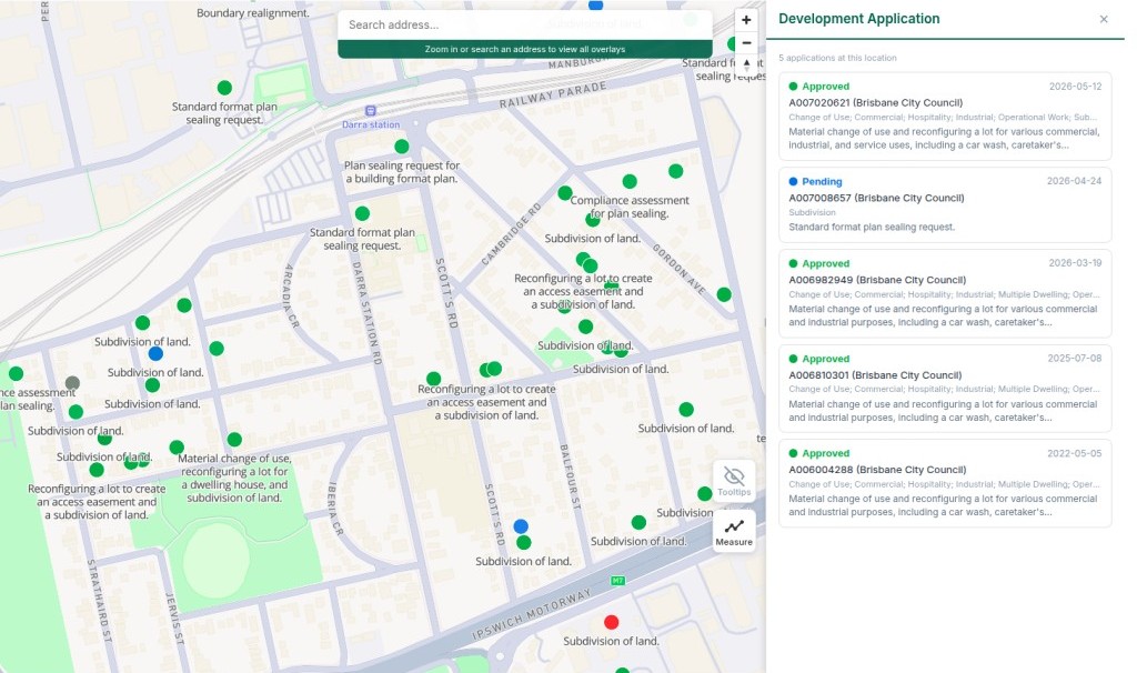 Homesnoop platform showing nearby development applications